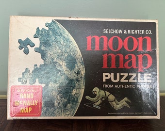 Vintage 1960s Rand McNally Moon Map Puzzle #518 Complete with Original Box