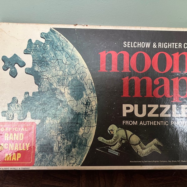 Vintage 1960s Rand McNally Moon Map Puzzle #518 Complete with Original Box