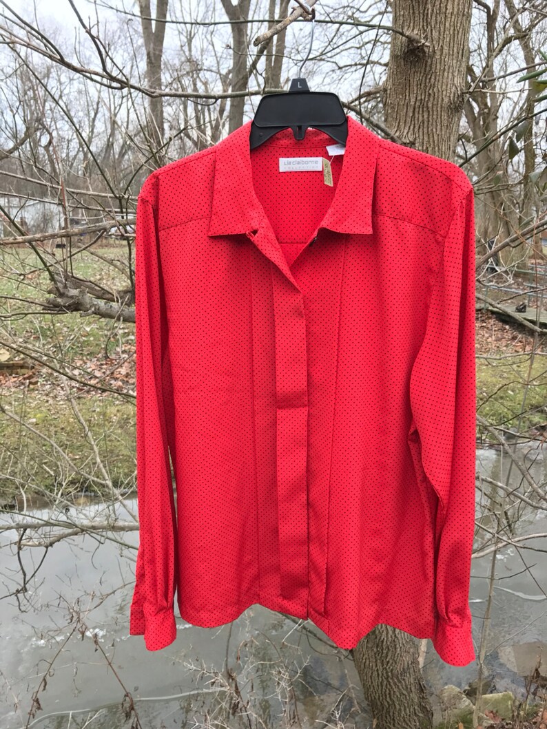 Ladies Liz Claiborne Secretary Polka Dot Blouse Size 12 Red Polyester Blouse