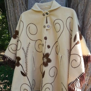 Vintage 70s Embroidered Floral Fringe Cape: Boho Hippie Shawl