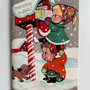 Biglietto di auguri di Natale vintage - Bambini che controllano la cassetta della posta per i regali di Natale / Biglietto di attività di Natale per bambini vintage