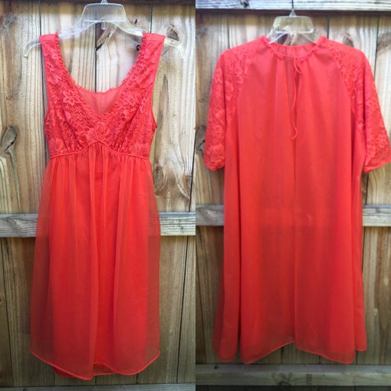Vintage Gorgeous Orange Red Lace Nylon Chiffon Nig