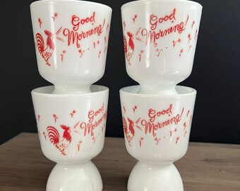 Vintage Set of 4 Milk Glass Red Rooster Good Morning Double Egg Cup