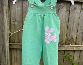 Vintage Baby Romper Overalls By Healthtex Size 6 Months / Green Jumper with Bunny Applique