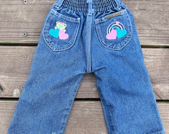 Girl's Vintage Little By Little Size 18 Months Jeans with Heart and Bear Patches on Back Pockets