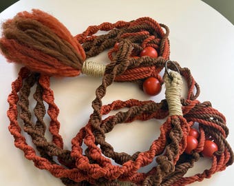 Vintage Macrame Plant Hanger Extra Large 7 Ft | Double Plant Holder | Boho Hanging Planter| 70s Home Decor | Orange and Brown Home Decor