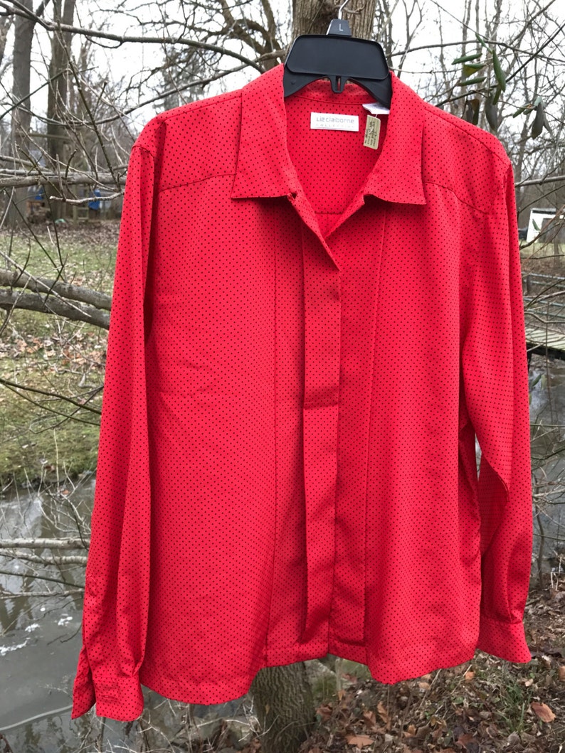 Ladies Liz Claiborne Secretary Polka Dot Blouse Size 12 Red Polyester Blouse