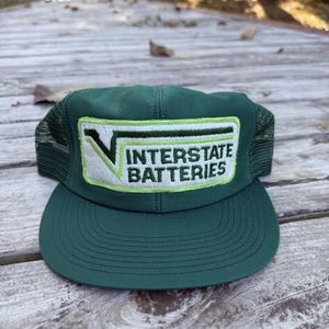 Vintage Interstate Batteries Trucker Hat, USA Made Snapback Cap, Green Mesh Hat, Advertising Patch Cap, Farm Auto Garage Hat, Retro Trucker