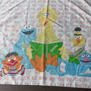 May include: A white Sesame Street fabric featuring Big Bird, Cookie Monster, Bert, and Ernie reading a book. The fabric is printed with the alphabet in red and the word "Catalog" on the book.