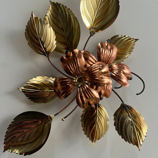 Vintage MCM Brass Copper Dogwood Flower & Leaves Floral Wall Decor Metal Art