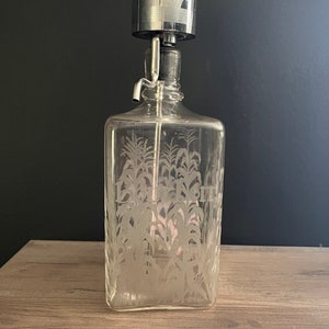 Vintage Retro MCM Etched Glass Bottle Decanter / Vintage Bourbon Decanter AS IS