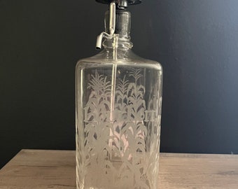 Vintage Etched Glass Bourbon Decanter: MCM Liquor Dispenser (AS IS)