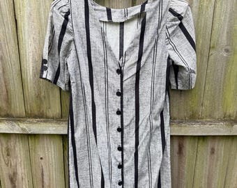 Robe en coton rayée vintage des années 80 : géométrique noire et grise