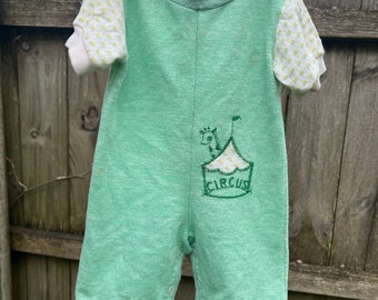 Vintage Gender Nuetral Baby Romper Jumper By Healthtex Size 3 Months / Green Jumper with Circus Applique