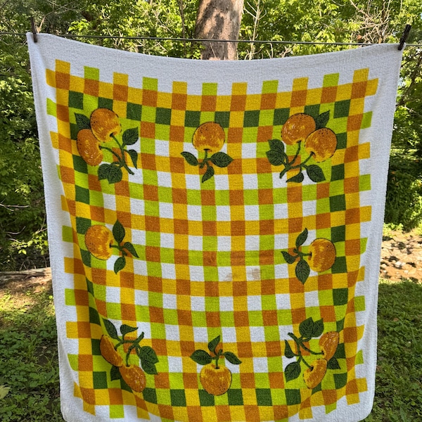 Vintage Terry Cloth Tablecloth Orange Fruit Gingham Table Cover Retro Kitchen Linens 1970s Citrus Picnic Cottagecore