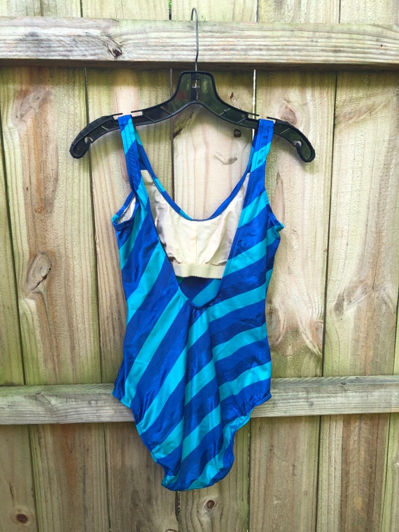 Vintage 80s Blue Striped Robby Len Bathing Suit / Size 10 Robby