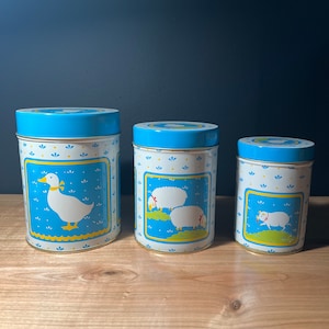 Vintage Kitschy Farm Animal Kitchen Tins / Deadstock Set of 3 80s Canisters