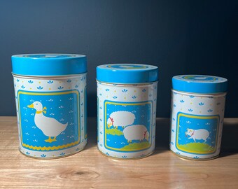 Vintage Kitschy Farm Animal Kitchen Tins / Deadstock Set of 3 80s Canisters