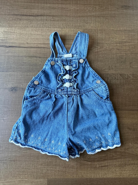 Vintage Faded Glory Denim Shortalls 12 Months, Baby Girl Ruffle Overalls, Scalloped Embroidered Romper, 90s Jean Shortalls