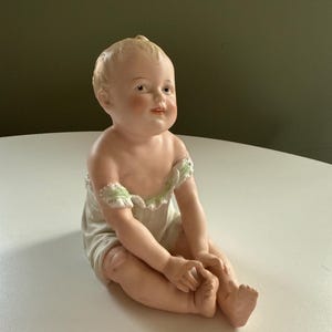 Vintage Bisque Porcelain Large Seated boy piano baby Gustav Heubach Germany - Green