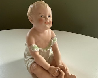 Vintage Bisque Porcelain Large Seated boy piano baby Gustav Heubach Germany - Green