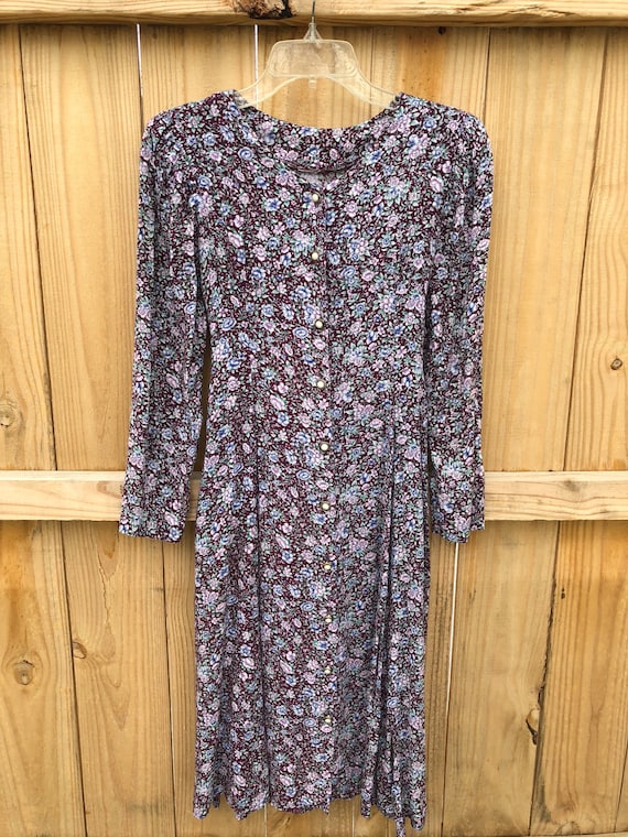 90s Floral Rayon Grunge Dress / 90s Floral Rayon Skater Fit and Flare Long Sleeve Dress