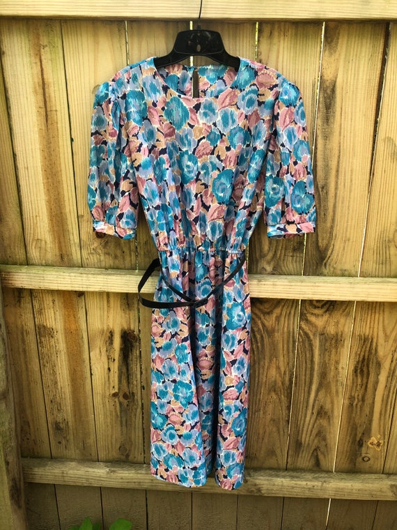Vintage 80s Abstact Polyester Midi Dress By T Fe … - image 4