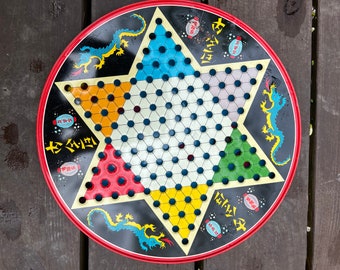 Vintage Metal Tin Ohio Art Chinese Checkers Board Game Blue Dragons King Row