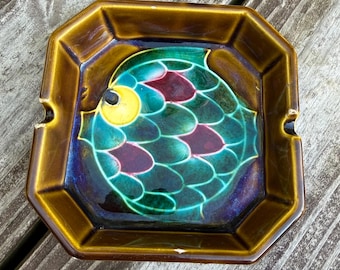 Vintage Japanese Pottery Fish Ashtray Brown Drip Glaze Ceramic Ashtray Octagon Shape Mid Century Japan Tobacco Collectible
