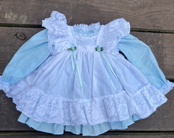 Vintage Frilly Blue and White Doll Dress and Pinafore with Bloomers and Bonnet