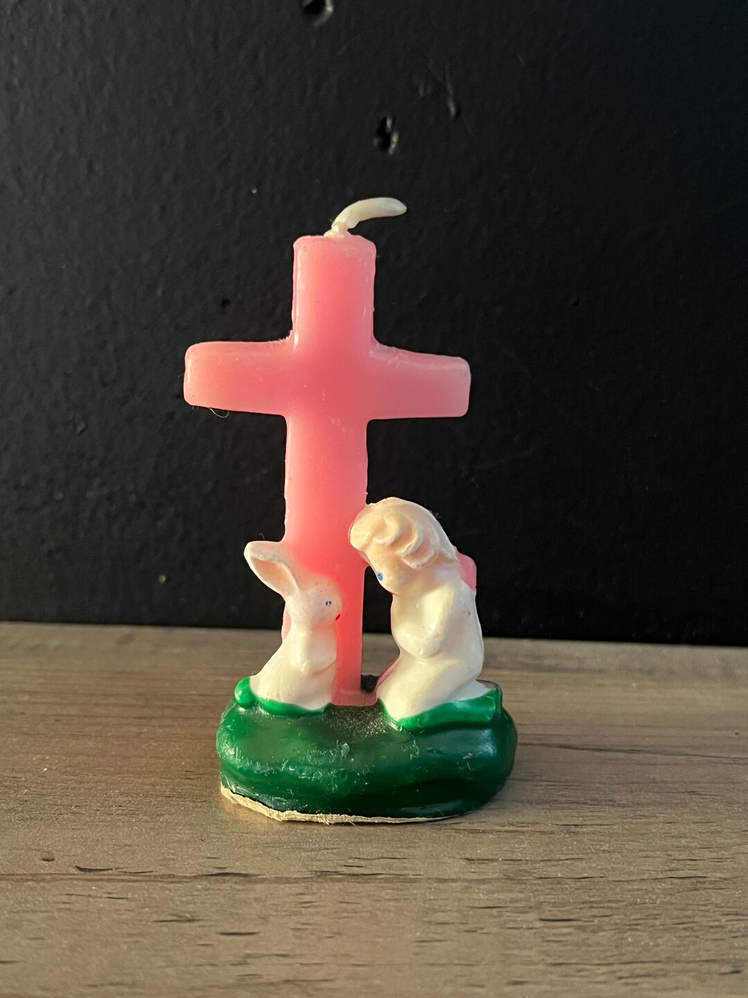 Vintage Easter Gurley Candle of Easter Bunny and Angel in Front of Pink