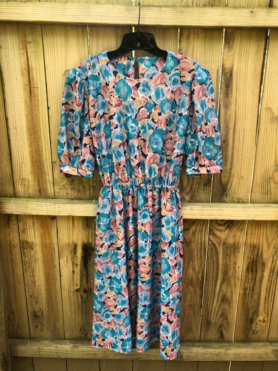 Vintage 80s Abstact Polyester Midi Dress By T Fe … - image 1