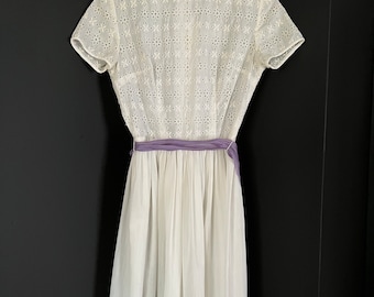 Vintage 50s White Eyelet Full Skirt Day Dress By Jeanne Darc