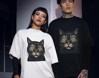Psychedelic Cat T-Shirt, Hypnotic Spiral Eyes Cat Gothic Dark Fashion Streetwear, Alternative Grunge Crust Punk Look