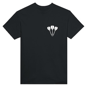 May include: Black t-shirt featuring a white graphic of three darts. The darts are arranged in a triangular pattern, with the dart tips pointing downwards. The shirt has a classic crew neck and short sleeves.