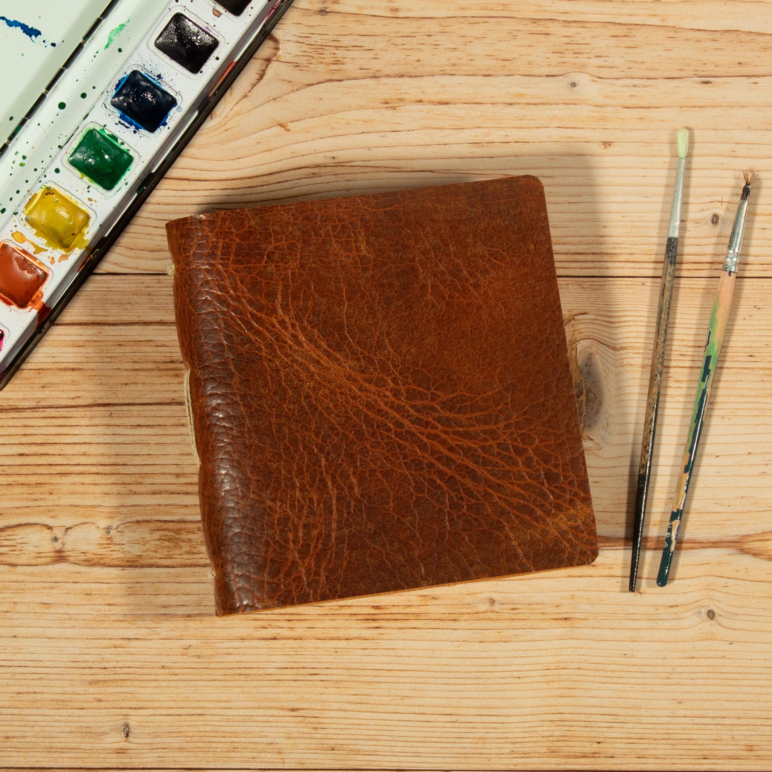 Bison Leather Watercolor Sketch Journal, 5.5 x 5.5, Handmade Amalfi Cotton Paper, 96 Pages
