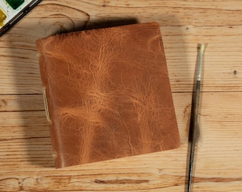 Leather Watercolor Sketch Journal, Camel Brown, 5.5 x 5.5, Amalfi Cotton Paper