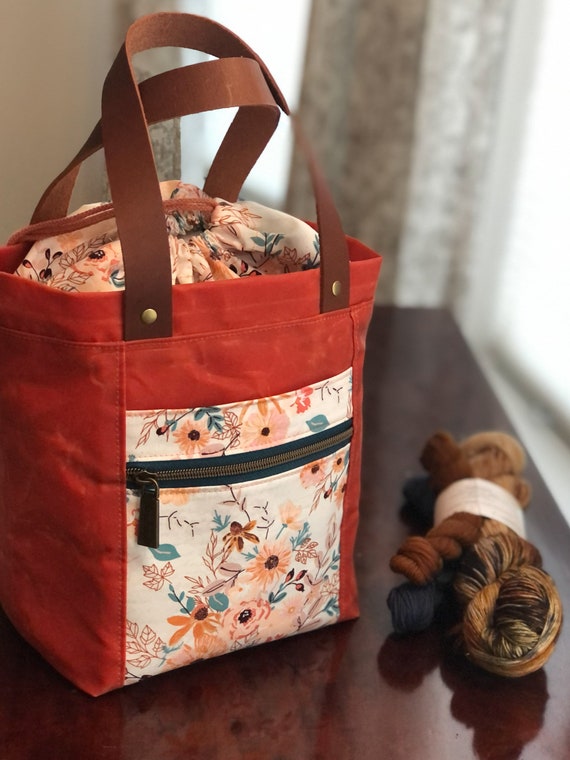 Waxed Canvas Knitting Project Bag Large Knitting Tote Bag Etsy