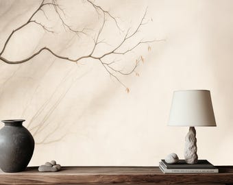 Carta da parati murale Chinoiserie con ramo d'albero e ombra morbida su tela beige, carta da parati Japandi