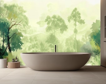 Green Forest Wall Mural, Green Nature Wallpaper, Soft Tree Landscape Art, Peel and Stick