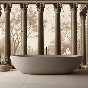 May include: A modern bathroom featuring a large, oval-shaped bathtub. The room has a neutral color palette with a mural of classical columns and trees. The floor and walls are light-colored, creating a serene and spa-like atmosphere.