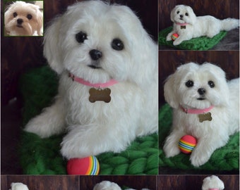 Maltese Needle Felted Dog Sculpture Pet replica stuffed dog Memory Pet Portrait Wool figurine Wool art toys