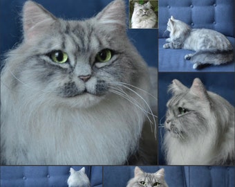 Needle Felted Cat 3D life sized Sculpture Long haired cat Memory Pet Portrait Your Pet replica silver grey cat Wool Felt