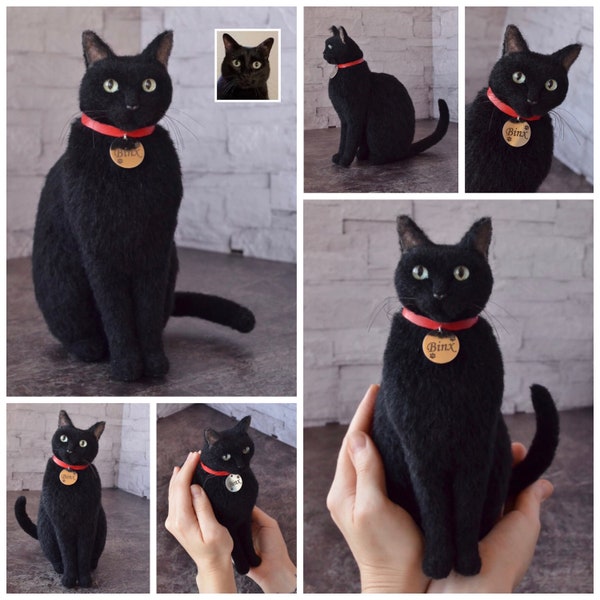Needle Felted Black Сat Sculpture Memory Portrait replica of your cat Petlover Wool Felt Kitten art toys Personalized gift for cat lovers