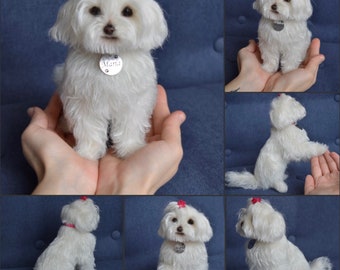 Maltese pet replica Needle Felted Dog Sculpture Pet replica stuffed dog Memory Pet Portrait Wool figurine Wool art toys Wool animal