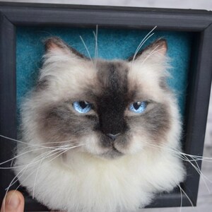 Pode incluir: Um close-up de um retrato de gato feltrado com agulha em uma moldura preta. O gato tem p&ecirc;lo branco com marcas cinzas e olhos azuis. O fundo &eacute; azul turquesa.