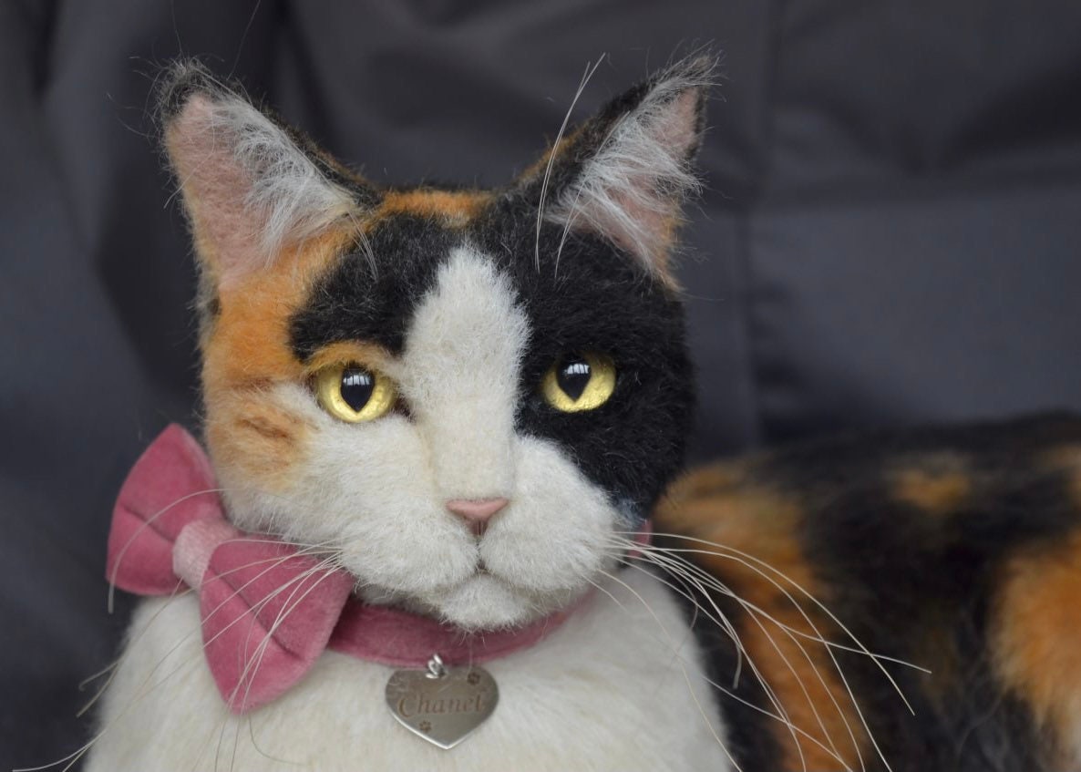 Needle Felted Calico Cat Sculpture Life Sized Pet Portrait