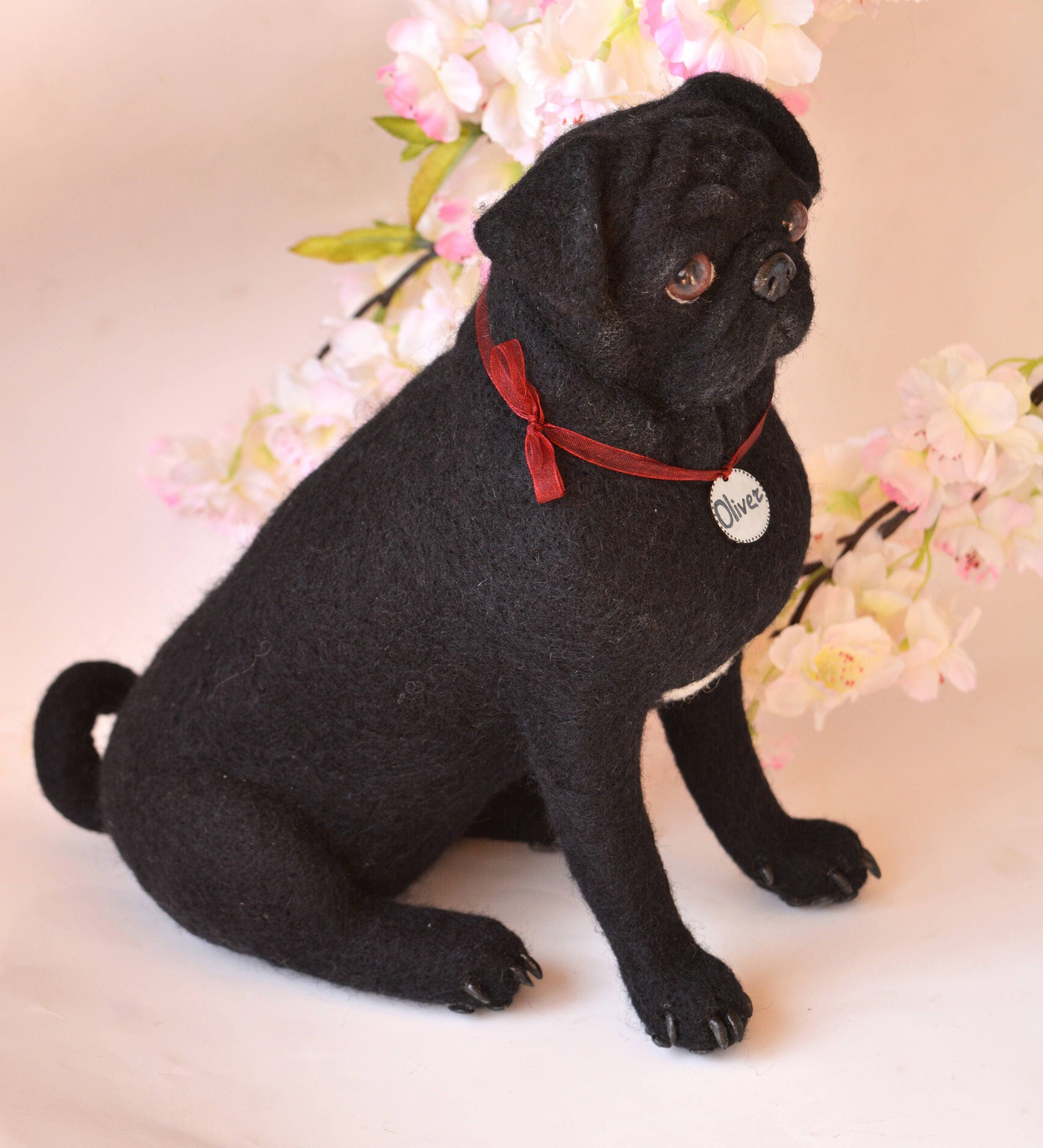 Custom Needle Felted Black Pug Sculpture, Personalized Pet Portrait