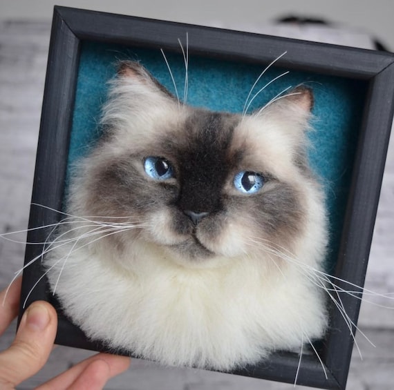 Needle Felted Cat Portrait, 3D Pet Replica in Shadow Box
