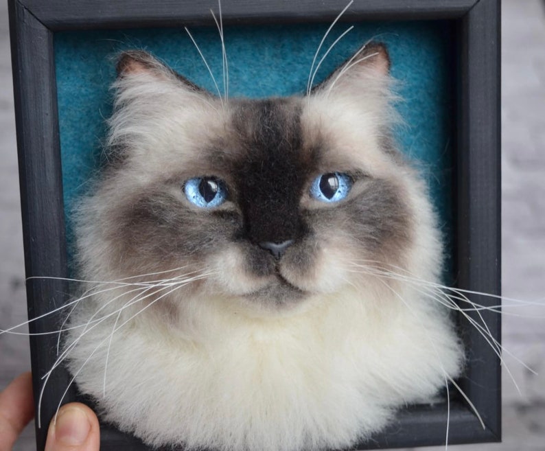 Pode incluir: Um retrato de um gato branco e cinza com olhos azuis, feito com feltro de agulha. O gato est&aacute; emoldurado em uma moldura preta com um fundo azul turquesa.